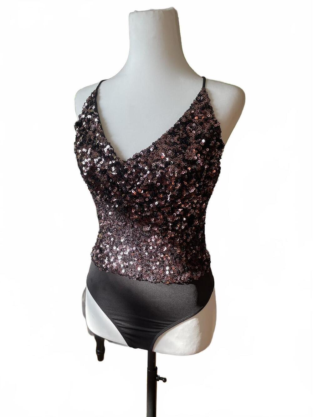 ASTR The Label Sequin Sleeveless Bodysuit Gunmetal Shine Metallic Shimmer Small